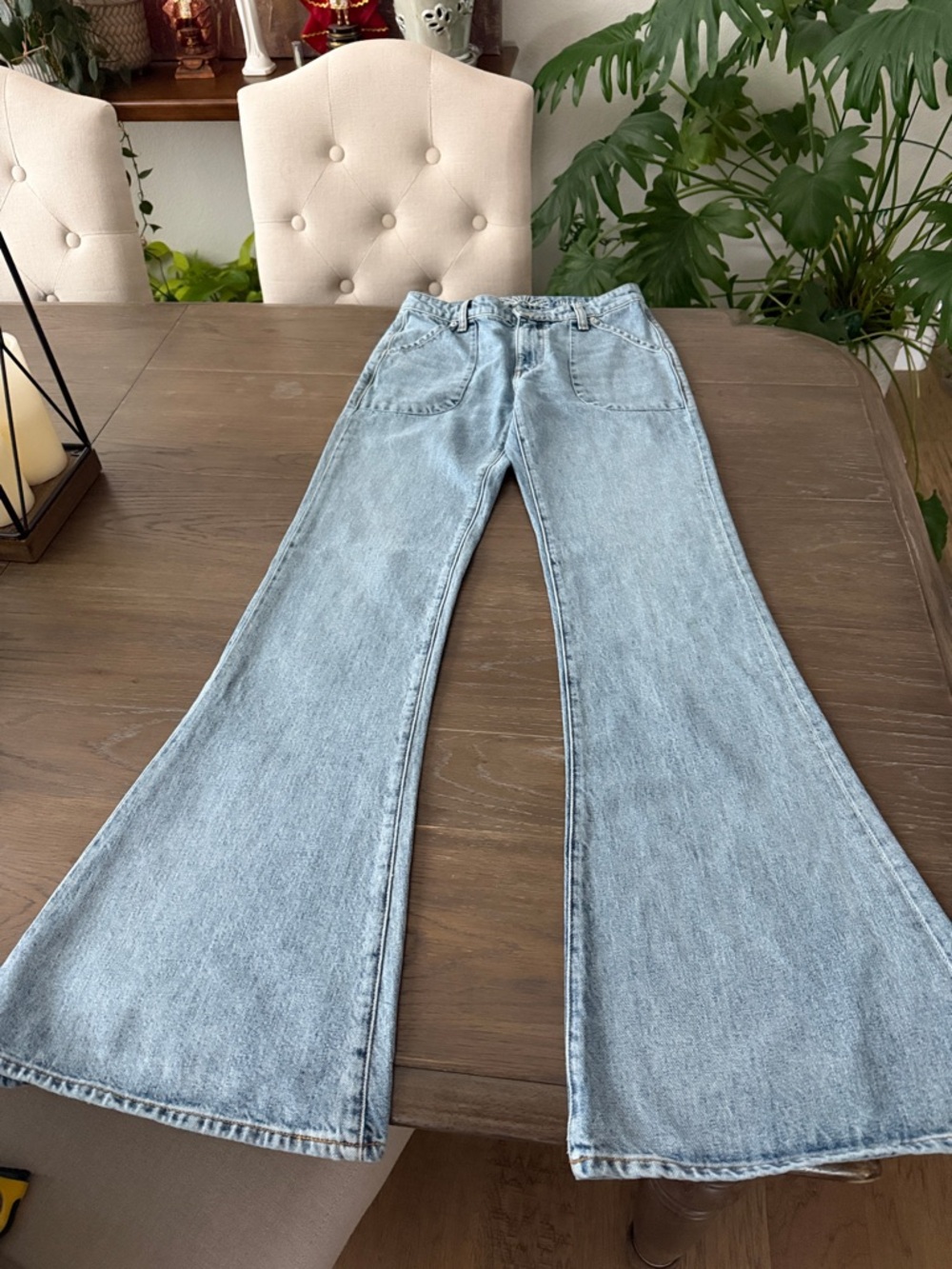 Light Wash High-Rise Flare Jeans with Front Patch Pockets